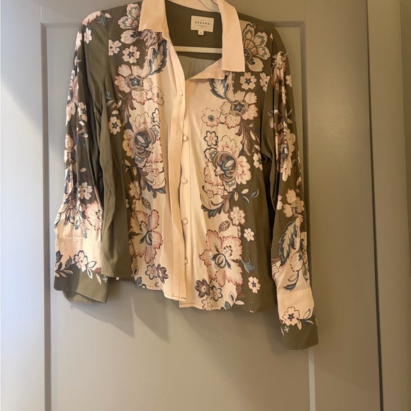 Sezane Floral Button Down Shirt - Olive and Cream - Picture 4 of 6